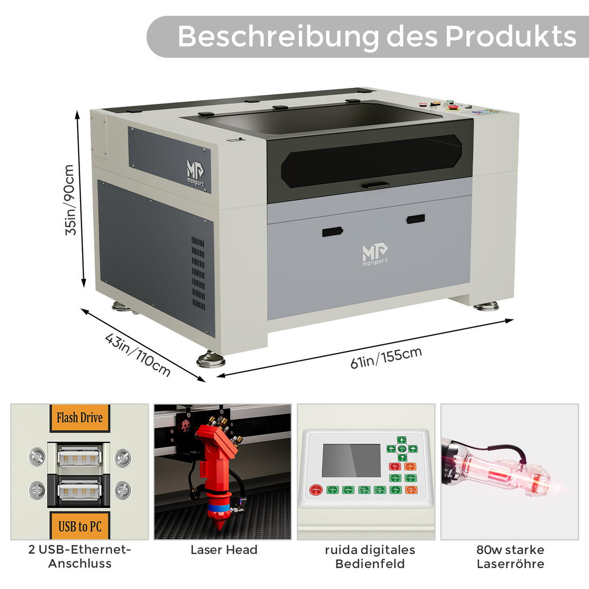 Monport 80W CO2 Eingebaut Wasserkühlsystem Laser Graviermaschine & Cutter mit (900 x 600mm) Gravurfläche