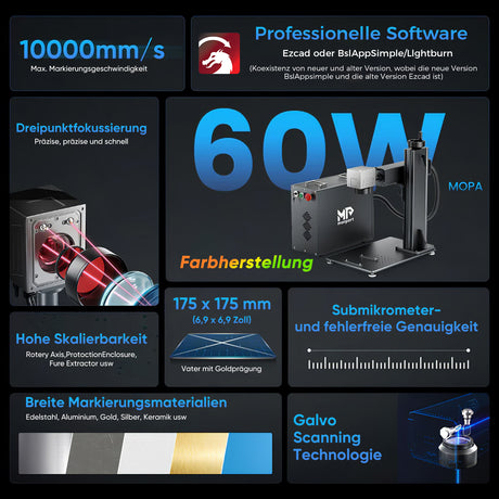 Monport 60W (175 x 175 mm) GPro MOPA Faserlaser Gravier & Markiermaschine mit manuellem Fokus